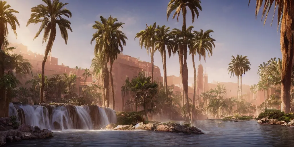 Image similar to beautiful oasis waterfalls surrounded by palm trees, Moroccan tile archways, date trees, ivory towers, sun setting, ross tran, nephilim, pyroclastic flow, ethereal, fantasy, James Jean, oozium, peter morbacher, angelarium, alchemy, luxury, heavenly light, Soft illumination, Trending on artstation, Cinematic Lighting, digital painting, octane render, artgerm