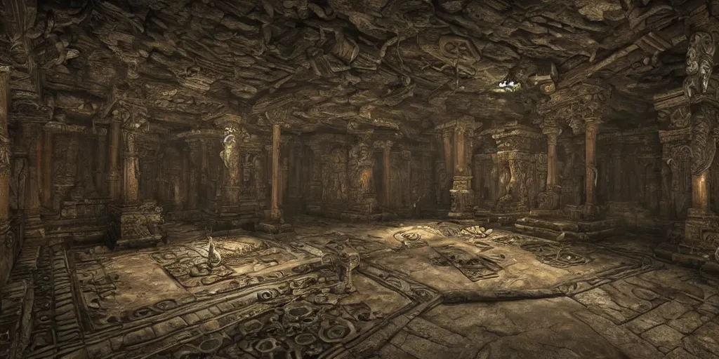 Prompt: large evil underground ruined temple, highly detailed carvings of weird symbols on the floor, dark dramatic atmosphere, highly detailed, ultra - realistic, tomb raider, unreal engine, cinematic, 4 k