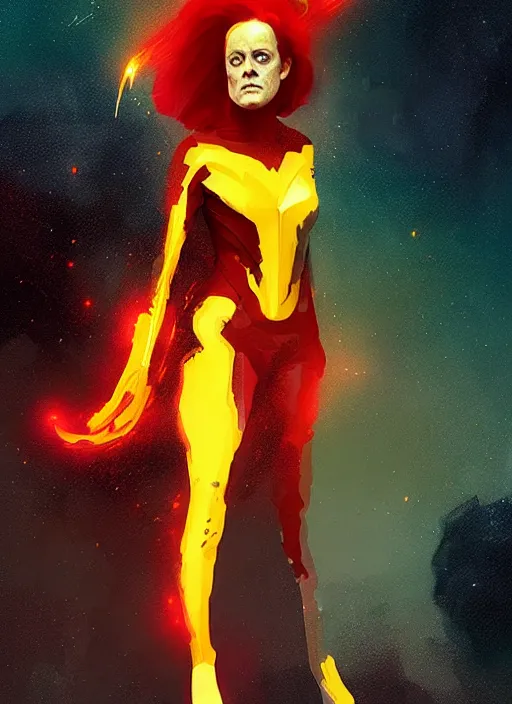 Image similar to young sigourney weaver as dark phoenix, by ismail inceoglu