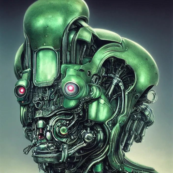 Prompt: h. r. giger esque portrait of a friendly, happy, emerald ultron from age of ultron, fresh of the production line, washed, clean, shiny, clockwork steampunk, head and chest only, by beksinski, 4 k, deviantart, trending on artstation