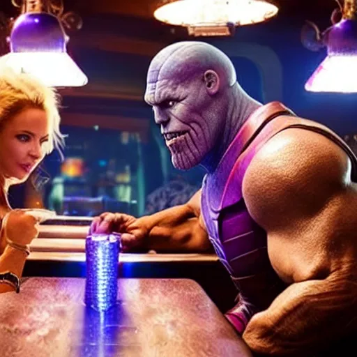 Image similar to a photograph of Adam Sandler arm wrestling Thanos in a bar. Dimly lit, a crowd is watching, emotional faces, realistic, grimy atmosphere