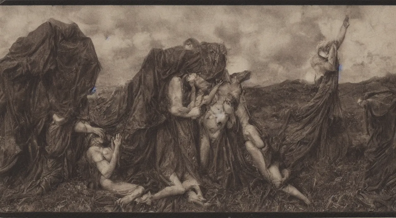 Image similar to an old polaroid of 3 maria's in a landscape crying at the death of christ