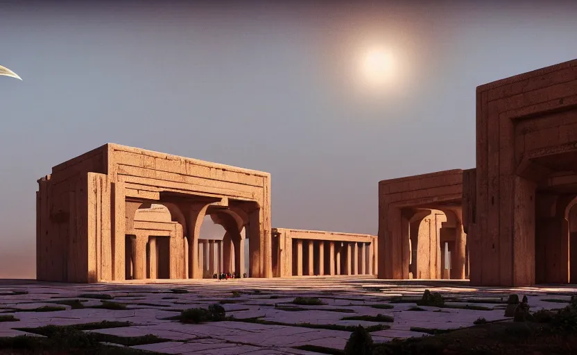 Image similar to exterior shot of utopian ancient persian architecture with cinematic lighting by peter zumthor and renzo piano, darek zabrocki and greg ruthkowski, simon stalenhag, m. c. escher vibe, cinematic, holy place, paradise, scifi, futurism, atmospheric, concept art, artstation, trending on artstation