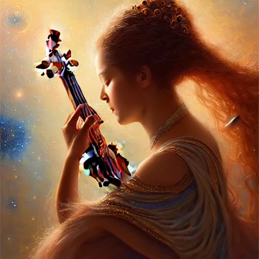 Image similar to a high quality life like portrait of a very very beautiful! celestial goddess of life playing a mystical geared violin and springing life into the universe, highly detailed, intricate, sharp focus, fantasy, mystical, dreamlike, by WLOP and greg rutkowski