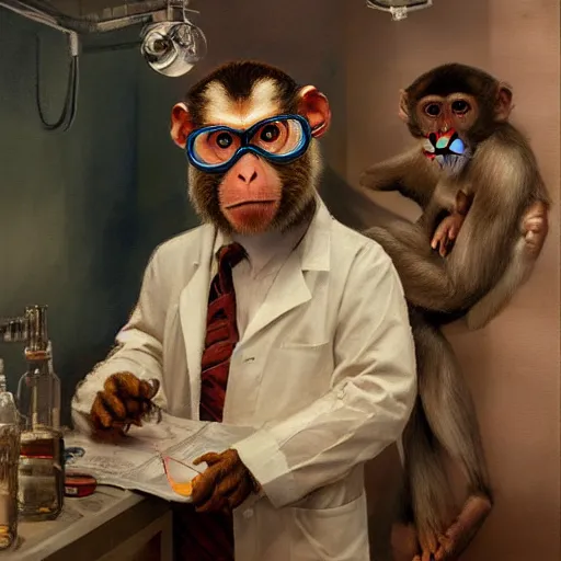 Image similar to portrait of a monkey doctor working in a chemical lab, artwork by gaston bussiere, craig mullins, trending on artstation, monkey dressed as a scientist, using googles and wearing a doctor coat