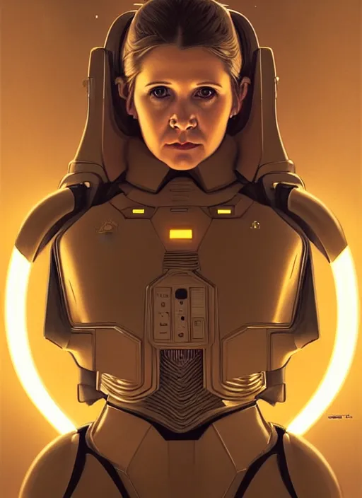 Prompt: symmetry!! portrait of young carrie fisher, gold sci - fi armour, tech wear, glowing lights!! sci - fi, intricate, elegant, highly detailed, digital painting, artstation, concept art, smooth, sharp focus, illustration, art by artgerm and greg rutkowski and alphonse mucha