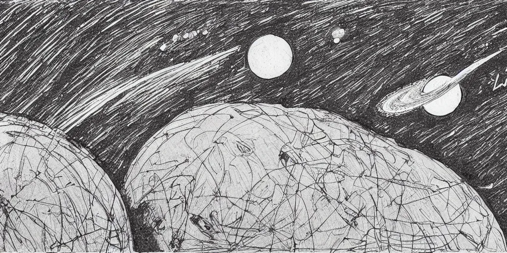 Image similar to ink lineart drawing of a shooting star towards a planet, comet, wide angle, seen from space, artstation, etchings by goya, chinese brush pen, illustration, high contrast, deep black tones contour