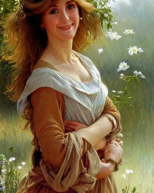 Prompt: a portrait painting of dana plato / eve plumb / marcia strassman / felicity kendall hybrid oil painting, gentle expression, smiling, elegant clothing, scenic background, extremely detailed and lifelike, artgerm, greg rutkowski, alphonse mucha, vladimir volegov, adolphe bouguereaum, greg hildebrandt