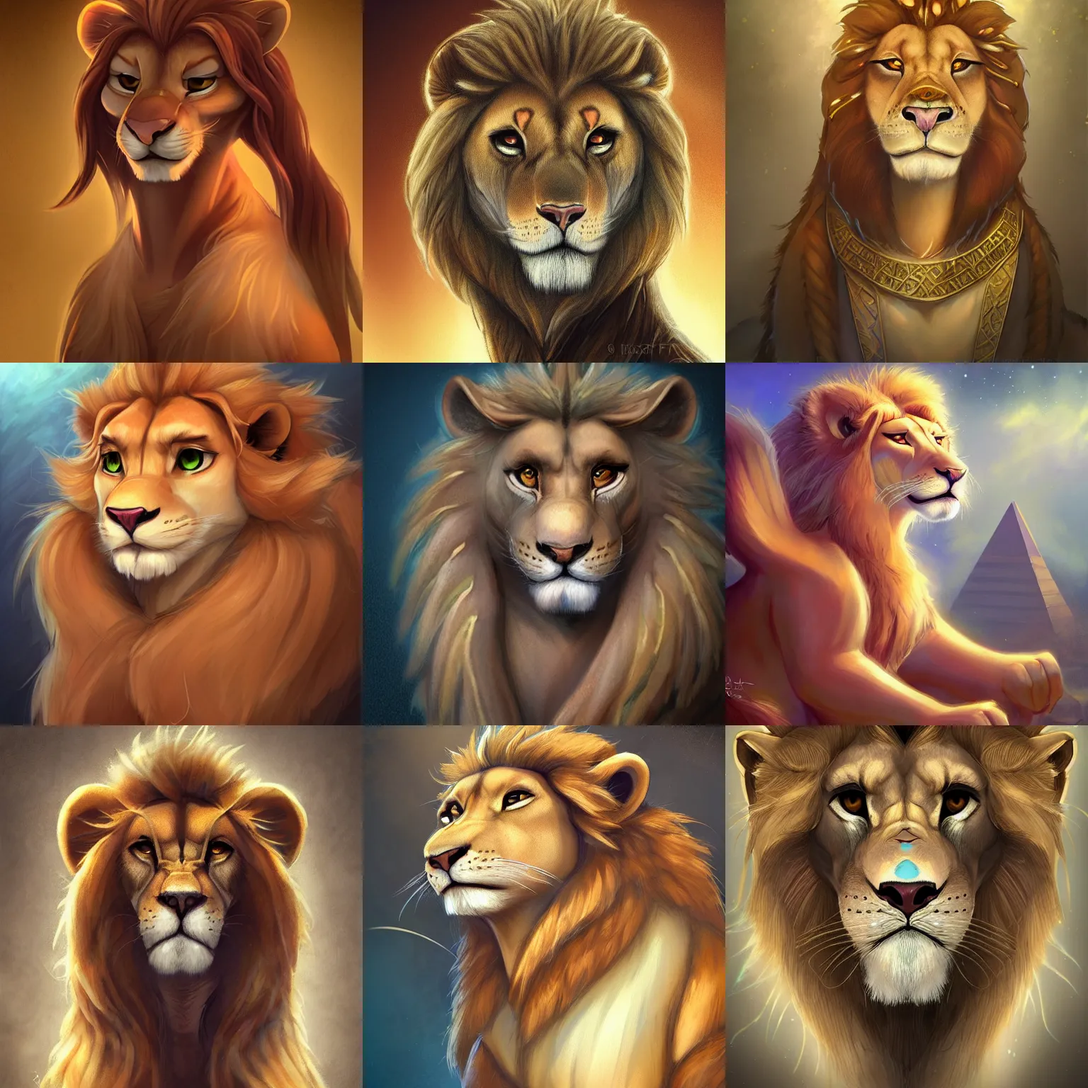 Prompt: beautiful portrait character design of an egyptian lion. deviantart adoptable, style of maple story and zootopia, portrait studio lighting by jessica rossier and brian froud in the style of disney, traditional