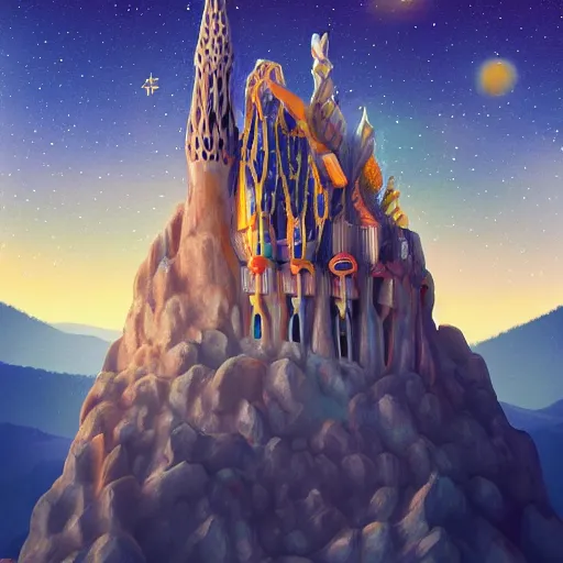 Prompt: cosmic palace sitting on a mountain in the sky by Antoni gaudi, digital painting, high resolution, artstation, cgrender