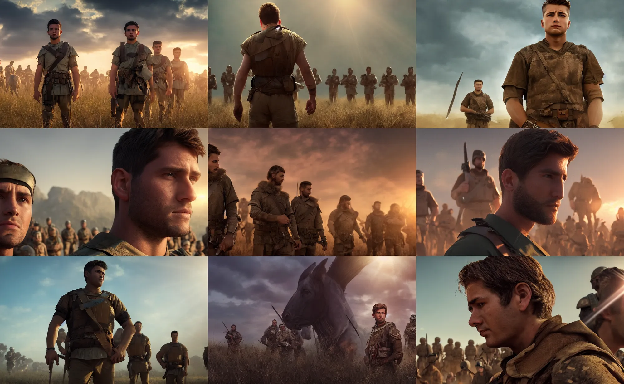 Prompt: cinematic artwork of a commander in his twenties with brown hair, hazel eyes and a small chin staring into the distance solemnly with his warriors behind him by greg rutowski, 4 k, masterpiece, sun rays