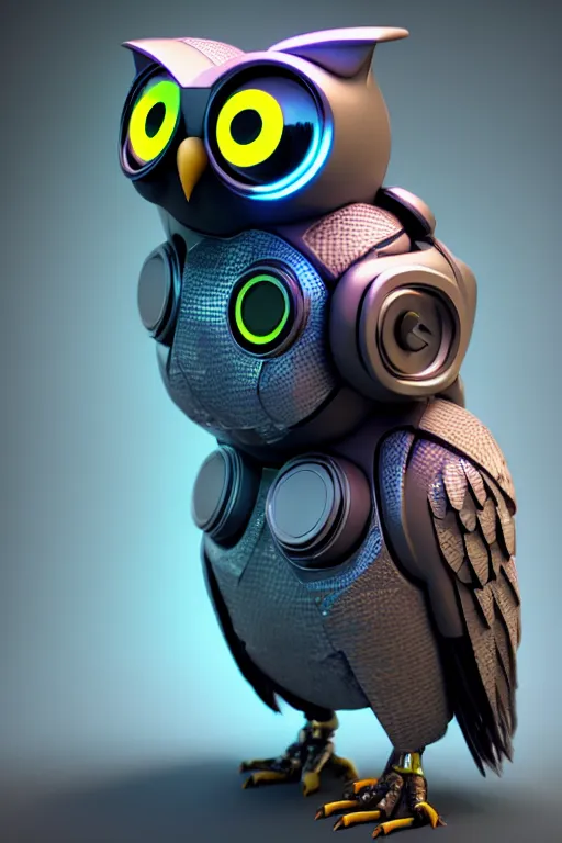 Image similar to high quality 3 d render very cute cyborg owl! with boombox!, cyberpunk highly detailed, unreal engine cinematic smooth, in the style of blade runner & detective pikachu, hannah yata charlie immer, moody light, low angle, uhd 8 k, sharp focus