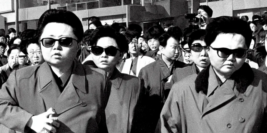 Image similar to kim jong - il walking in 1 9 6 0 s pyongyang, film noir in the style of ghost in the shell by mamoru oshii