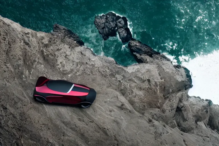 Prompt: photo of a gorgeous black model sitting on a Sci-fi Tesla on a cliff on the ocean By Emmanuel Lubezki