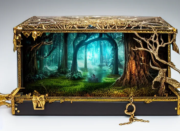 Image similar to photo of a crystal box with a magical kingdom inside, in the forest. Fantasy magic style. Highly detailed 8k. Intricate. Nikon d850 55mm. Award winning photography.