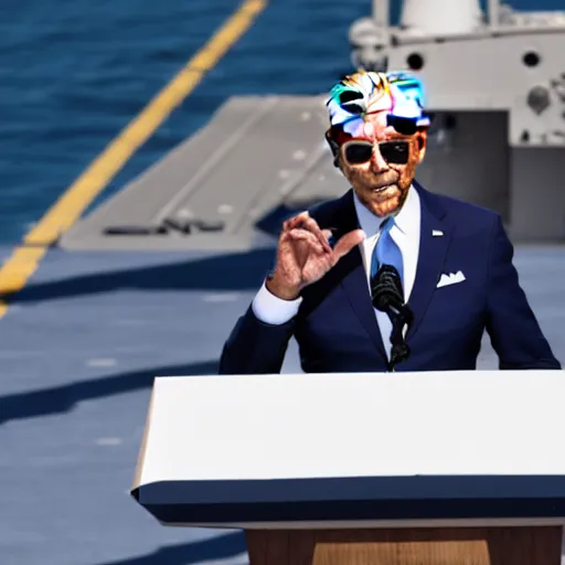 Image similar to Joe Biden on an aircraft carrier giving a speech, HD, 8K photo