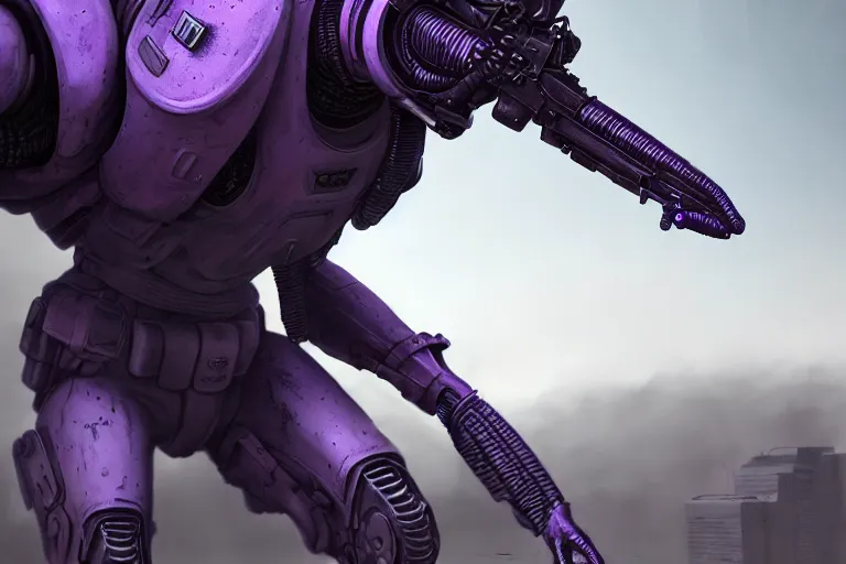 Image similar to alien military armored soldier, purple, futuristic, apocalyptic, by jon aaron kambeitz, katsuhiro otomo, heng z, concept art, insanely detailed, raytracing, octane, unreal engine, trending on artstation