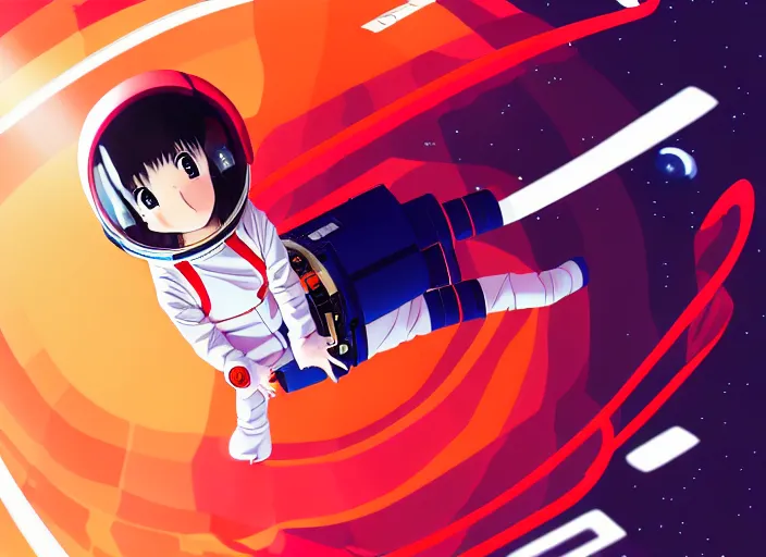 Prompt: anime portrait of a young astronaut girl floating inside a spacestation with no helmet, Karolis Strautniekas,omoide emanon, tsuruta kenji, murata range,kawaii, kyoto animation, manga, intricate, detailed, studio lighting, orange red black white, gradation,editorial illustration, matte print, Ilya Kuvshinov