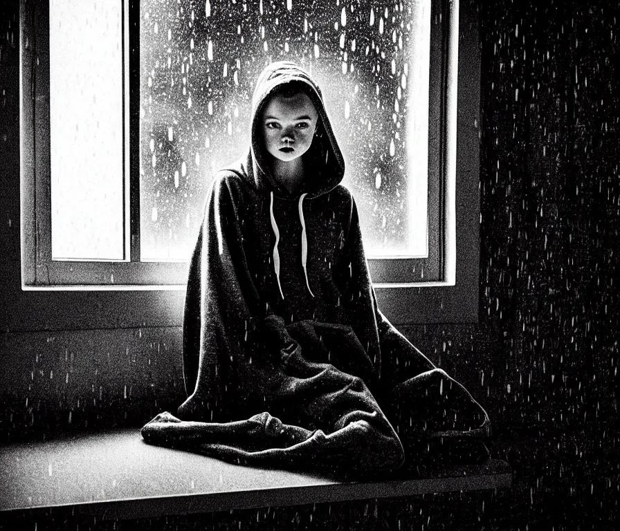 Prompt: sadie sink in hoodie sits on windowsill, knees tucked in | rain falls at night : b & w storyboard, scifi cyberpunk. by gabriel hardman, joe alves, chris bonura. cinematic atmosphere, detailed and intricate, perfect anatomy