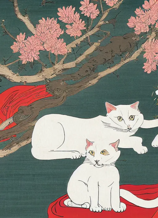 Image similar to whitecat with 2 baby white cats of utagawa hiroshige, digital painting 4 k uhd image, highly detailed