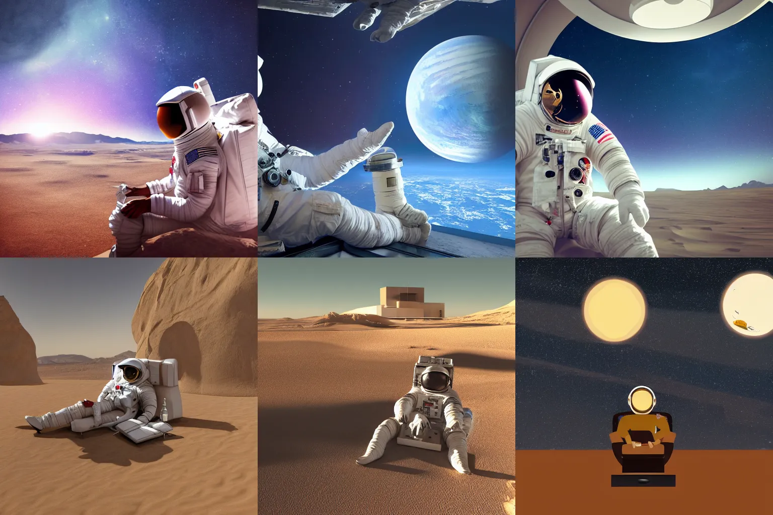 Prompt: an astronaut relaxing at a hotel in the middle of the desert, digital art, 8k, realism, ambient lighting, atmospherical