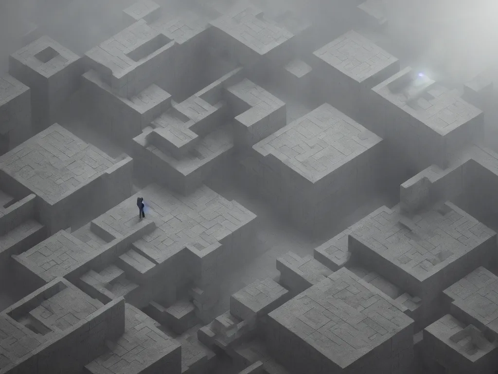 Image similar to labyrinth monolithic brutalist minimalist unusual stjil, isometric, ultra wide angle view, cinematic, volumetric lighting, fog, mist, god ray, epic