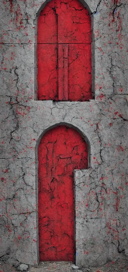 Image similar to huge detailed fractal red door standing in wasteland in style of zdzisław beksinski