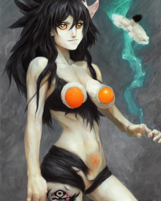 Image similar to anime wolfgirl with shaggy black hair, glowing orange eyes, grey skin and furry arms, oil painting, by Fernanda Suarez and and Edgar Maxence