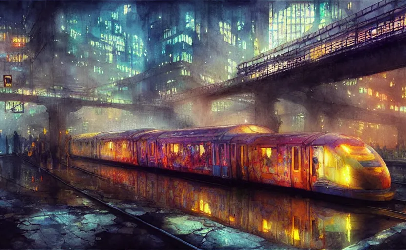 Image similar to an urban train rides inside of a waterway on a fantasy city. intricate, amazing composition, colorful watercolor, by ruan jia, by maxfield parrish, by marc simonetti, by hikari shimoda, by robert hubert, by zhang kechun, illustration, gloomy