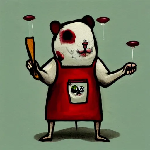 Prompt: an immortal dead hamster in a butcher's suit with an evil face, in an apron covered in blood, holding cleavers in his hands. the hamster has 4 arms. front view. old painting sketch