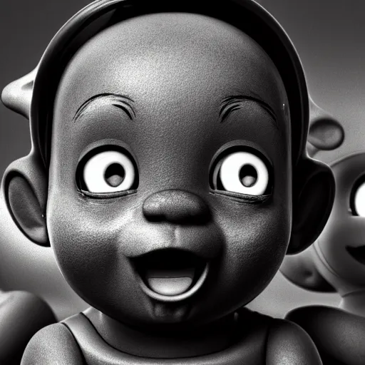 Prompt: black and white crying Teletubbies with wide open human realistic eyes with red veins, highly detailed, sharp focus, octane render