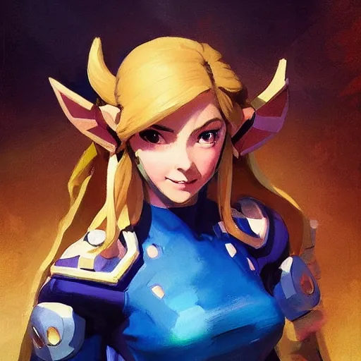 Image similar to greg manchess portrait of zelda as overwatch character, matte painting, bold shapes, hard edges, by huang guangjian, gil elvgren, sachin teng. in a beautiful landscape full of emotions, cgsociety masterpiece, artstation trending, by rossdraws, ghibli, kimi no na wa, greg rutkowski, simon stalberg, greg manchess