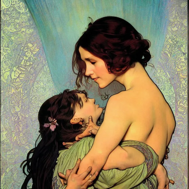 Image similar to an aesthetic! detailed portrait of an aesthetic woman crying mournfully while holding a child, by frank frazetta and alphonse mucha, oil on canvas, bright colors, art nouveau, epic composition, dungeons and dragons fantasy art, hd, god - rays, ray - tracing, crisp contour - lines, huhd - 8 k