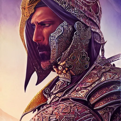 Image similar to a arab warrior with an arabian outfit, by alex gray and android jones, karol bak, ayami kojima, amano, moebius, concept art, character design, fantasy, 3 d, 8 k resolution