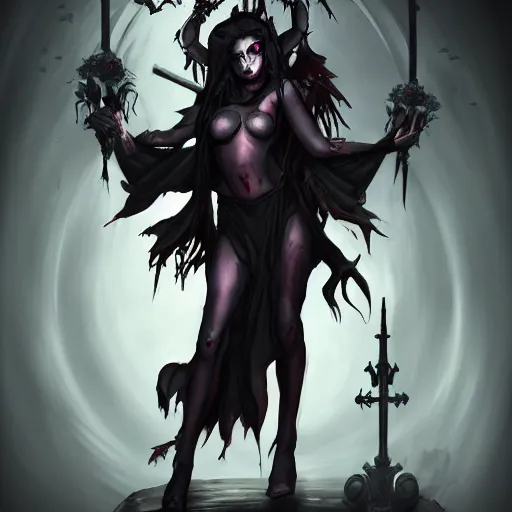 Prompt: Dark Lilith in a cathedral, holding a bloody cauldron, trending on artstation