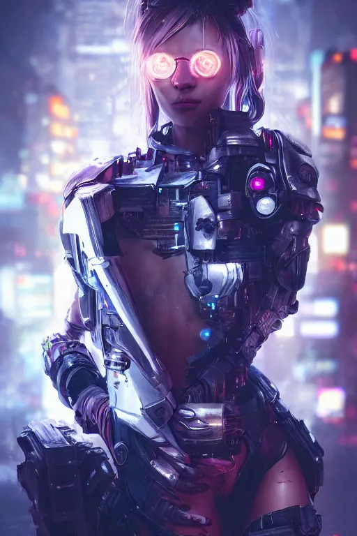 Image similar to beautiful portrait of a cyborg mercenary girl, art by wlop, liam wong, cyberpunk, neon, combat armor, head and shoulders, intricate details, trending on artstation, sharp focus, caustics, octane render, radiant light, 4 k