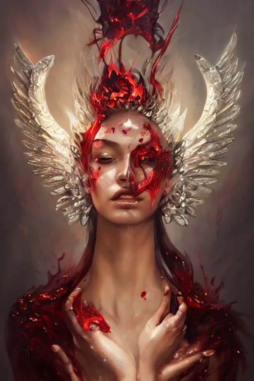 Prompt: beautiful model face covered with blood diamonds wearing fire velvet drowning in water, diamonds, angel, fantasy, dramatic lighting, highly detailed, digital painting, magic the gathering, hyper detailed, 3 d render, hyper realistic detailed portrait, peter mohrbacher, wlop, ruan jia