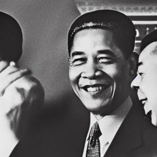 Prompt: photo of obama and mao zedong smiling together