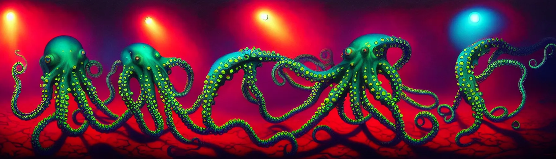 Image similar to strange cephalopod creatures from the depths of the imaginal realm, dramatic lighting, surreal darkly colorful painting by ronny khalil