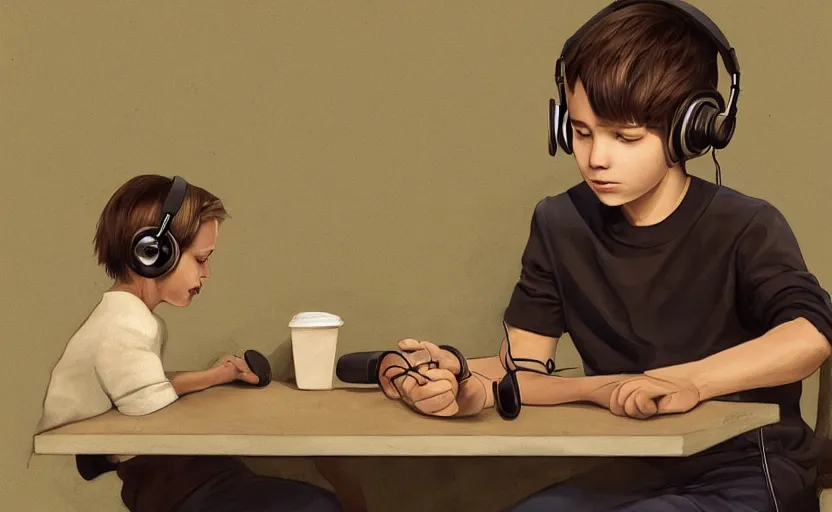 Image similar to a boy with headphones sitting on a table in a cafe with a coffee, digital art, digital painting, masterpiece, concept art, trending on deviantart, highly detailed, high quality, anatomically correct, five fingers, cinematic, high coherence, soft lighting, soft colors, beautiful, elegant, short black hair, 4 k, symmetrical, realistic and detailed face, cartoon