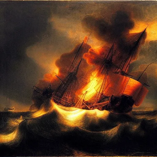 Prompt: large ship being tossed about in a fiery storm in the sea, dark, low light, terrifying, beautiful, rembrandt painting