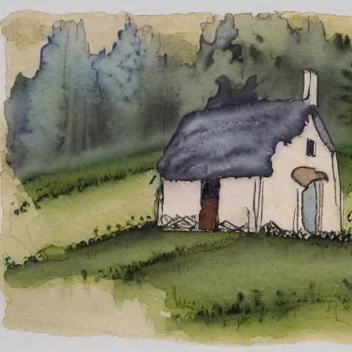Prompt: a watercolor and ink painting of a cottage, drawn on white parchment paper, vibe, atmosphere, detailed, muted colors