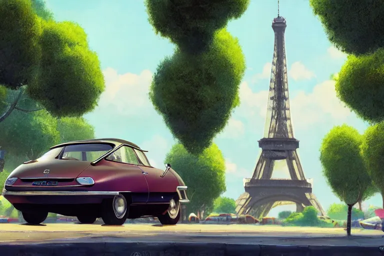 Image similar to a wholesome animation key shot of!! one!! focused! 1 9 7 4 citroen ds! in a tree lined paris street, view of eiffel tower, medium shot, studio ghibli, ( pixar ) and disney animation, sharp, very detailed, high resolution, rendered in unreal engine 5, anime key art by greg rutkowski, bloom, dramatic lighting