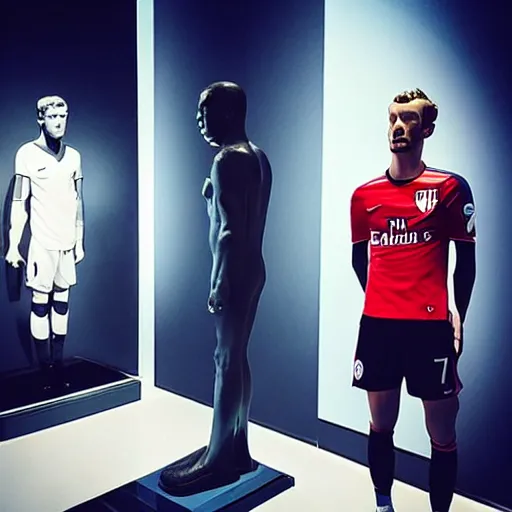 Image similar to “ a realistic detailed photo of a guy who is an attractive humanoid who is half robot and half humanoid, who is a male android, soccer player antoine griezmann, shiny skin, posing like a statue, blank stare, at the museum, on display ”