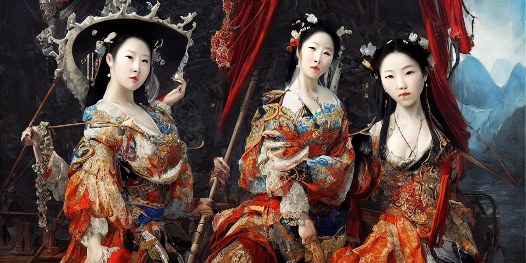 Image similar to Highly detailed and cinematic romantic period oil painting of the Chinese pirate queen Zheng Yi Sao, strong atmosphere, oil painting masterpiece by Josep Tapiró Baró, symmetry, fractals