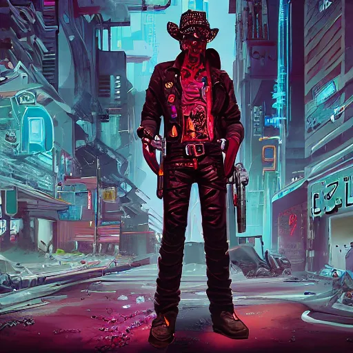 Prompt: album art of a cyberpunk undead cowboy