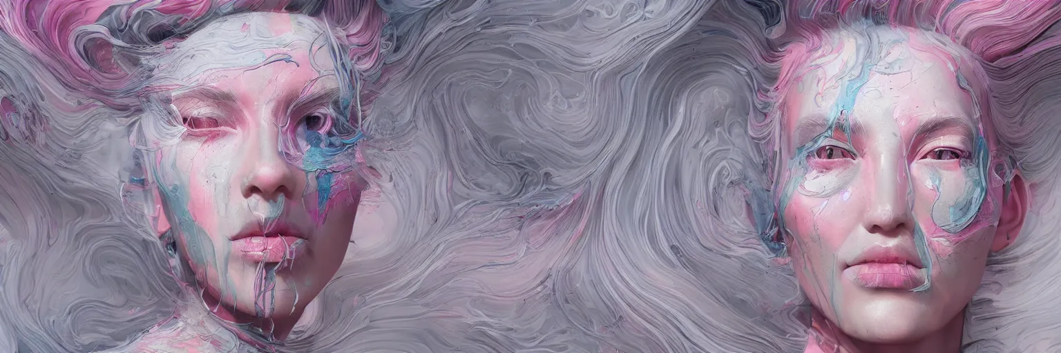 Prompt: The face of a very beautiful goddess with pink and grey hair radiating an artwork made from layers of technical drawings and architectural plans, and swirling paint pours by James Jean and Ross Tran and WLOP , hyperrealism, subsurface scattering, octane render, bokeh, 8k, xparticles