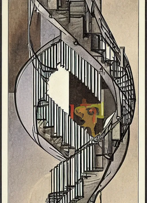 Image similar to an art nouveau illustration of an axonometric view of a spiral staircase by theo van doesburg