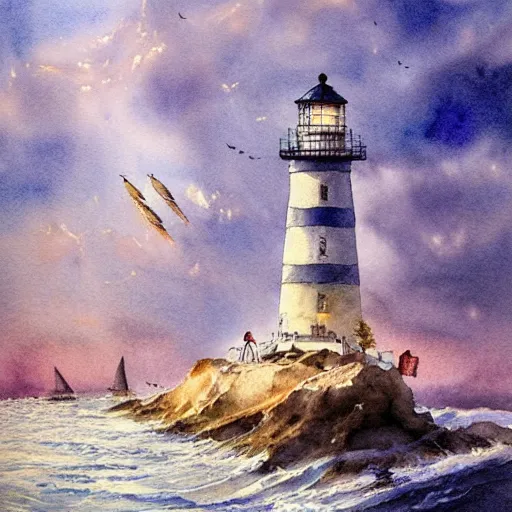 Image similar to Complex hyperdetailed serene masterpiece sketch of a captivating lighthouse, sailboats soaring in the wind, by Orris Moe, complex detailed watercolor painting, cinematic lighting, illogical surrealsim, absurd.