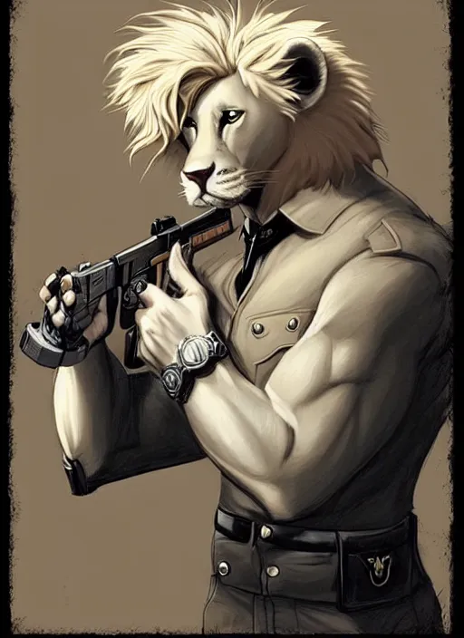 Image similar to aesthetic portrait commission of a of a male fully furry muscular anthro albino lion holding a glock close to his head wearing attractive brown and black cotton detectives outfit in vintage 1900's London city, sepia filter. Character design by charlie bowater, ross tran, artgerm, and makoto shinkai, detailed, inked, western comic book art, award winning film poster painting